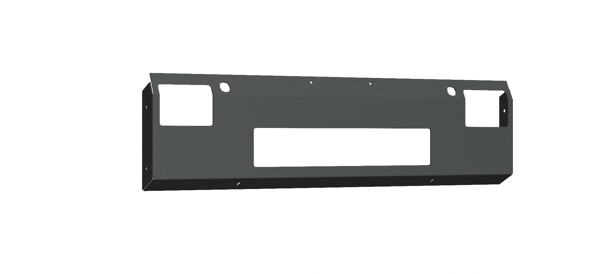 The 2019+ Ram 2500 Vaquero Front Non-Winch Plate in texture black is a rectangular metal bracket with two square cutouts at each top corner, a large central cutout, angled sides, and mounting holes. The background is transparent.