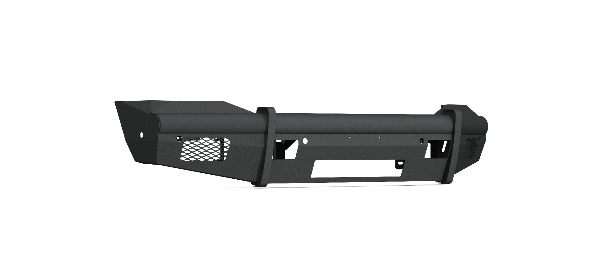 The 2019-2021 Ram 2500 Vaquero Front Non-Winch Bumper (6 Sensor) in texture black features heavy-duty steel, reinforced angular side panels, circular grille openings, mesh ventilation inserts, and rectangular center and side cutouts.