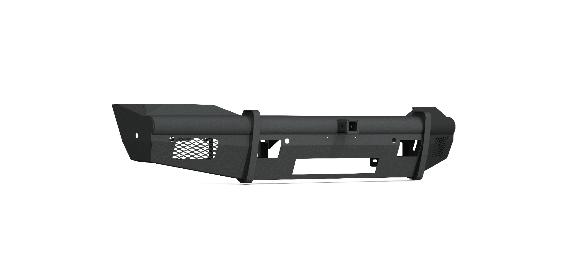 The 2019+ Ram 2500 Vaquero Front Non-Winch Bumper features a textured black finish, angular design, two mesh-cutouts per side, central opening, D-ring mounts, 2-inch receiver, and six sensor ports. Isolated on white background with shadow.