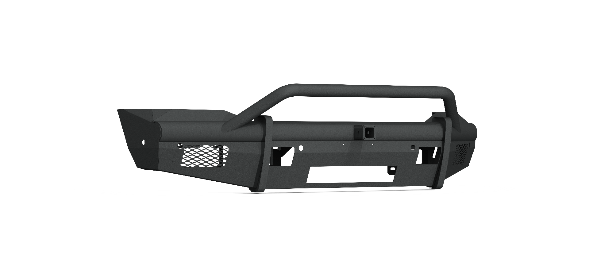The 2019+ Ram 2500 Vaquero Front Non-Winch Bumper features a textured black finish, pre-runner guard, tubular center grill, mesh side vents, 2-in receiver, 6 sensor ports, and an angular design, shown unbranded on a white background.
