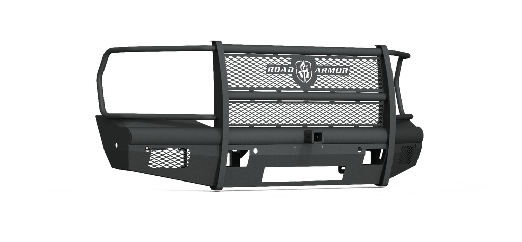 The 2019+ Ram 2500 Vaquero Front Non-Winch Bumper Full Guard is a textured black metal grille guard with mesh panels, horizontal bars, center receiver cutout, RANCH HAND logo, and space for 6 sensors—designed for front-end protection.