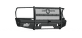 The 2019+ Ram 2500 Vaquero Front Non-Winch Bumper Full Guard is a textured black metal grille guard with mesh panels, horizontal bars, center receiver cutout, RANCH HAND logo, and space for 6 sensors—designed for front-end protection.
