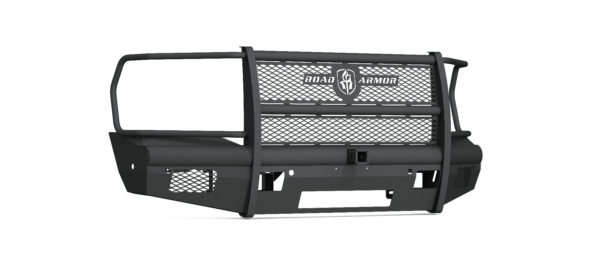 The 2019+ Ram 2500 Vaquero Front Non-Winch Bumper Full Guard is a textured black metal grille guard with mesh panels, horizontal bars, center receiver cutout, RANCH HAND logo, and space for 6 sensors—designed for front-end protection.