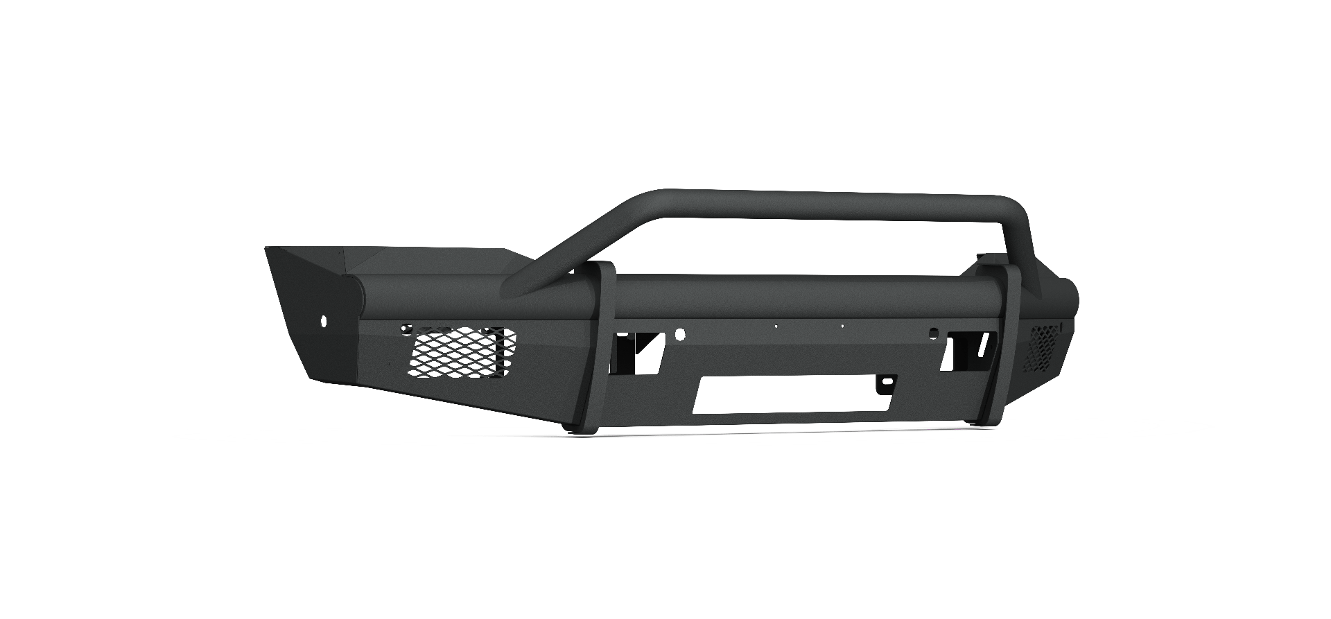 2019+ Ram 2500 Vaquero Front Non-Winch Bumper Pre-Runner Guard, texture black finish, features angular lines, side mesh vents, central rectangular cutout, sturdy tubular top bar; shown on white background with shadow.