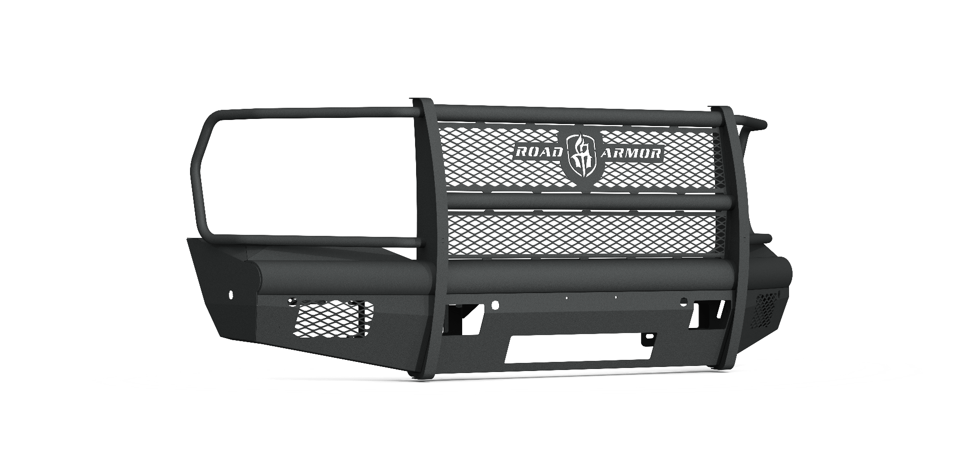 The 2019+ Ram 2500 Vaquero Front Non-Winch Bumper Full Guard 6 Sensor in Texture Black features a matte black metal grille guard with mesh panels, angular corners, central “Ranch Hand” logo, and protective vertical/horizontal bars.