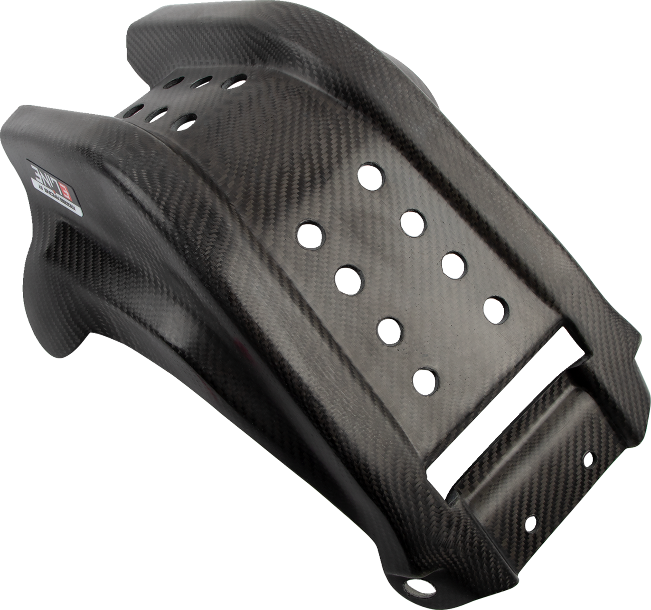 A black, carbon fiber motorcycle skid plate with a glossy finish. The plate features multiple circular cut-out holes for ventilation, reinforced edges, and sculpted contours for strength and fitment. A logo sticker is visible on the left side.