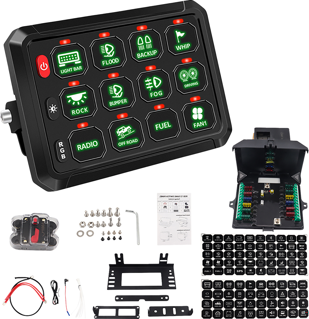 A black LED switch panel with 12 green-lit buttons labeled for vehicle functions, an open fuse box, wires, connectors, mounting hardware, instruction sheets, a fuse holder, and a sheet of icon stickers are arranged on a white background.