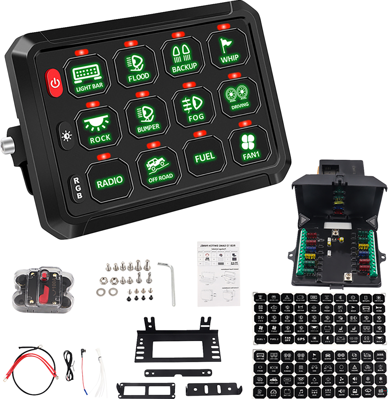 A black LED switch panel with 12 green-lit buttons labeled for vehicle functions, an open fuse box, wires, connectors, mounting hardware, instruction sheets, a fuse holder, and a sheet of icon stickers are arranged on a white background.