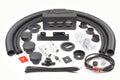 A Honda Pioneer 500 (2015-2016) - Ice Crusher Cab Heater kit shown on a white surface, with black flexible hoses, plastic vents, control knobs, cables with connectors, mounting brackets, metallic connectors, zip ties, and hardware neatly arranged.