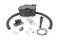 The Kubota RTV500 (2008-2019) Ice Crusher Cab Heater kit includes a black control unit, two large black hoses, zip ties, mounting brackets, brass fittings, metal clamps, screws, and a black-and-red wire arranged on a white background.