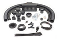 The Kawasaki Mule Pro FXT Rear (2015-2021) - Ice Crusher Cab Heater kit is shown on a white background, featuring neatly arranged hoses, vents, connectors, wiring, zip ties, screws, and a black metal air distribution unit.