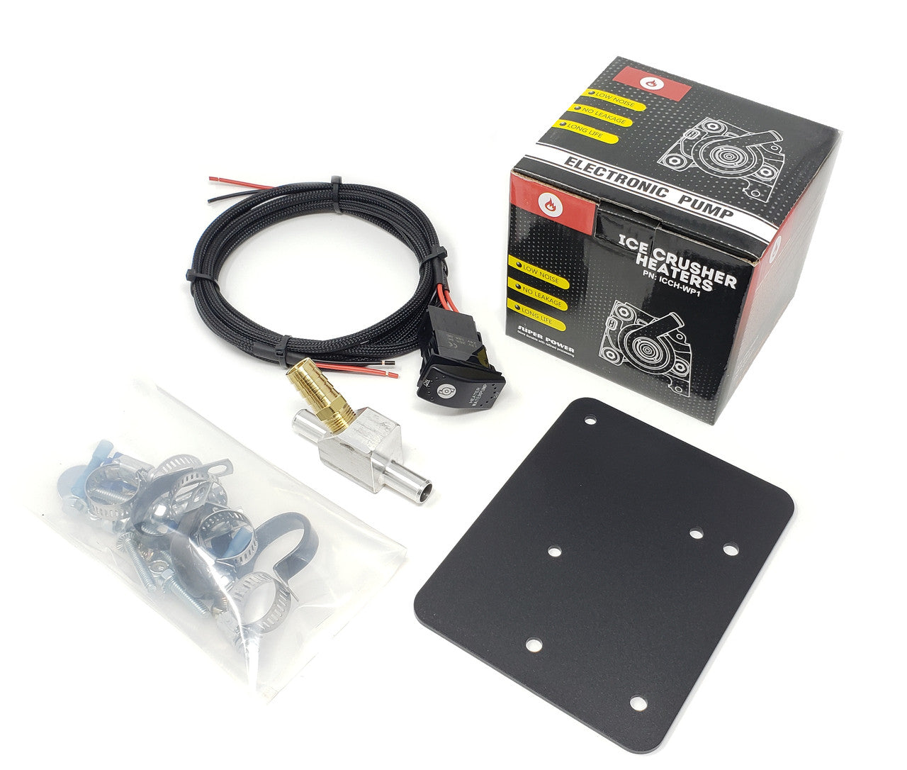 The image shows a Honda Pioneer 1000/1000LE Auxiliary Water Pump kit, including a black cable with connectors, yellow-metal valve, switch, black mounting plate with holes, hose clamps in a plastic bag, and a box labeled “ICE CRUSHER HEATER ELECTRONIC PUMP