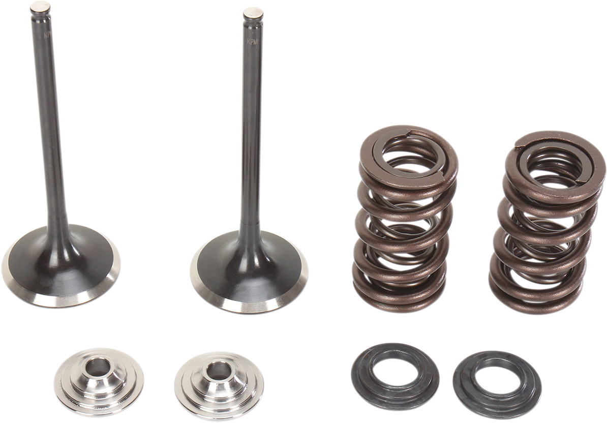 A set of engine components on a white background: two metal valves, two coil valve springs, two metallic retainers, and two dark-colored circular valve locks, all neatly arranged in pairs.