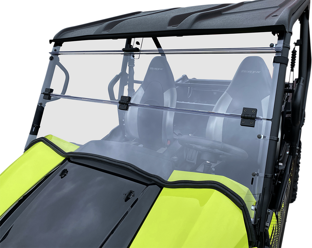 A close-up of a utility task vehicle (UTV) with a clear, two-piece windshield and a black roof. The vehicle is lime green, and two black seats are visible inside. The photo highlights the windshield and interior seating.