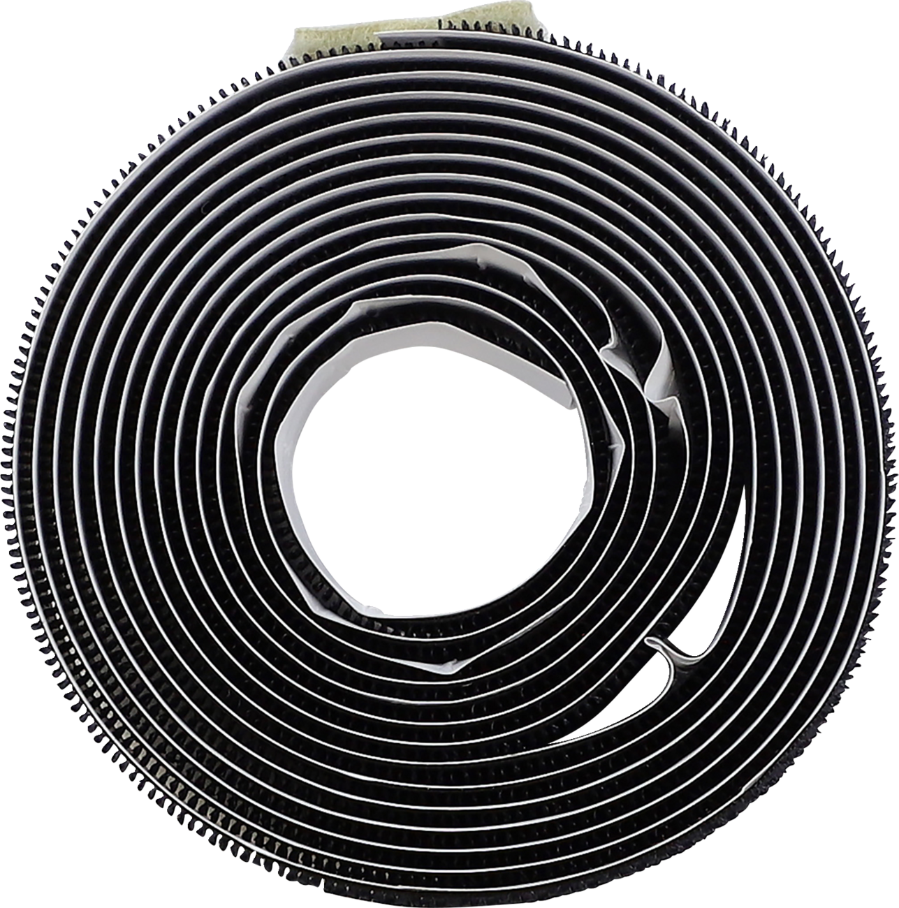 A close-up top view of a tightly wound black adhesive foam tape roll with a slightly glossy surface, showing concentric circular layers and a visible hole in the center. The tape edges display fine texture and serrations.
