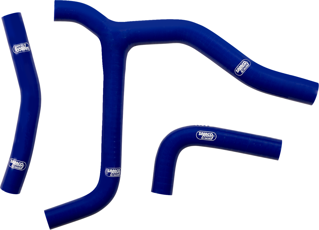 Four blue silicone hoses of varying shapes and sizes, each with a white SAMCO SPORT logo, are arranged on a plain white background. The hoses include a Y-shaped piece, two bent hoses, and one straight hose.