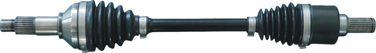 A close-up image of a car axle shaft with black rubber boots on both ends, exposing metal splined shafts at each tip. The central shaft is straight and metallic, connecting two larger cylindrical joints covered by accordion-like rubber boots.