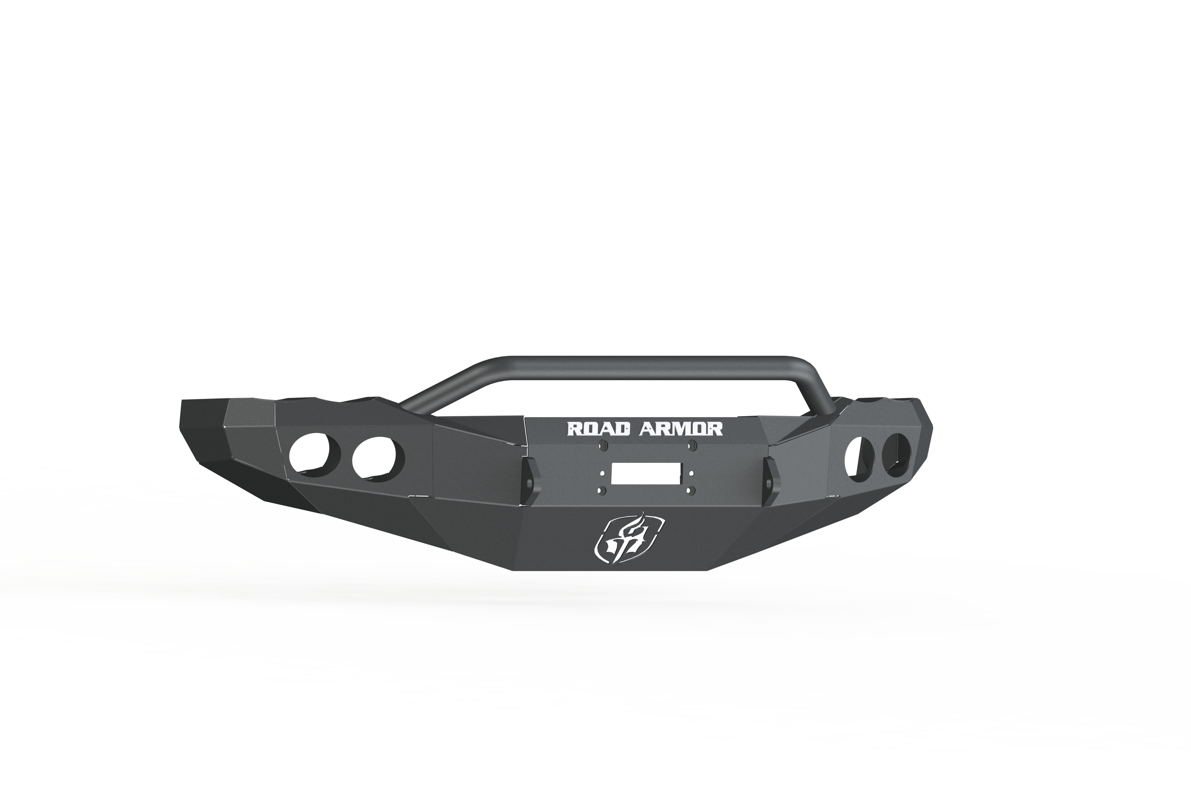 A 2003-2005 Ram 2500 Stealth Front Winch Bumper Pre-Runner Guard in textured black, featuring angular edges, a central hoop bar, side cutout circles, and ROAD ARMOR in white above the logo on a white and black abstract background. Compatible with Warn M12