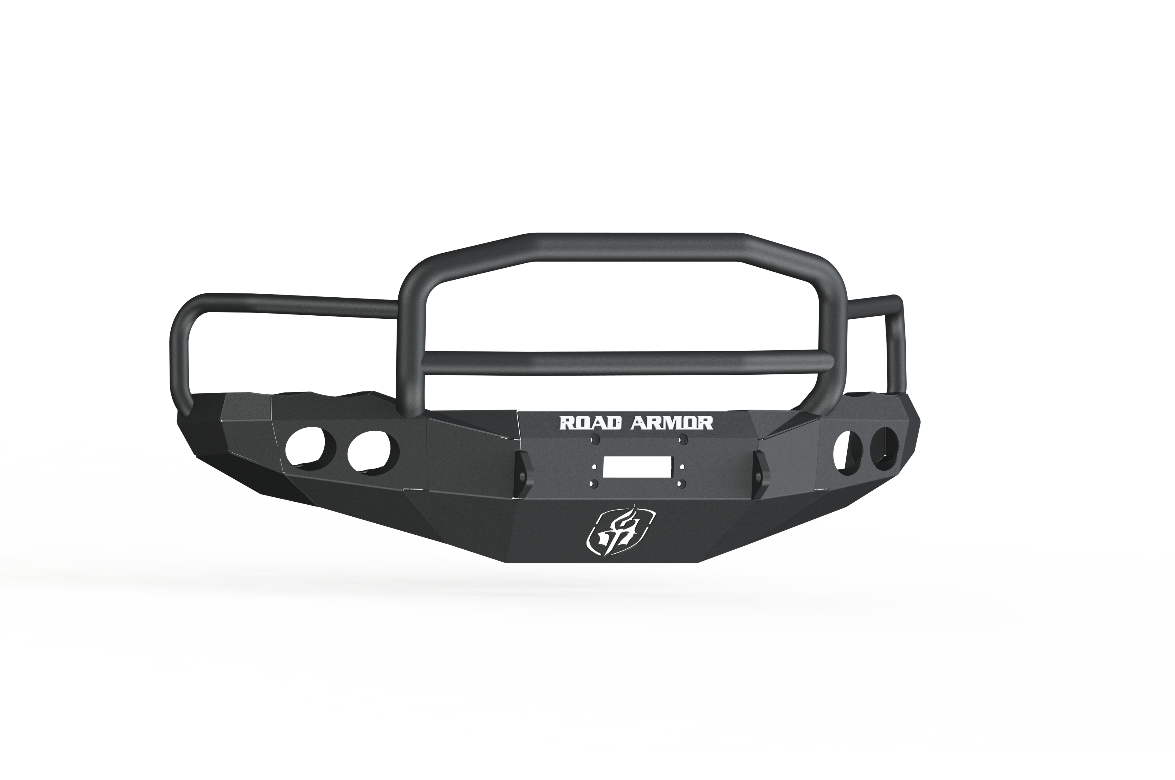 A 2003-2005 Ram 2500 Stealth Front Winch Bumper Lonestar Guard in textured black, featuring ROAD ARMOR text with a shield logo, round cutouts, angular detailing, and compatible with Warn M12000 & Smittybilt XRC winches. Shown on white background.
