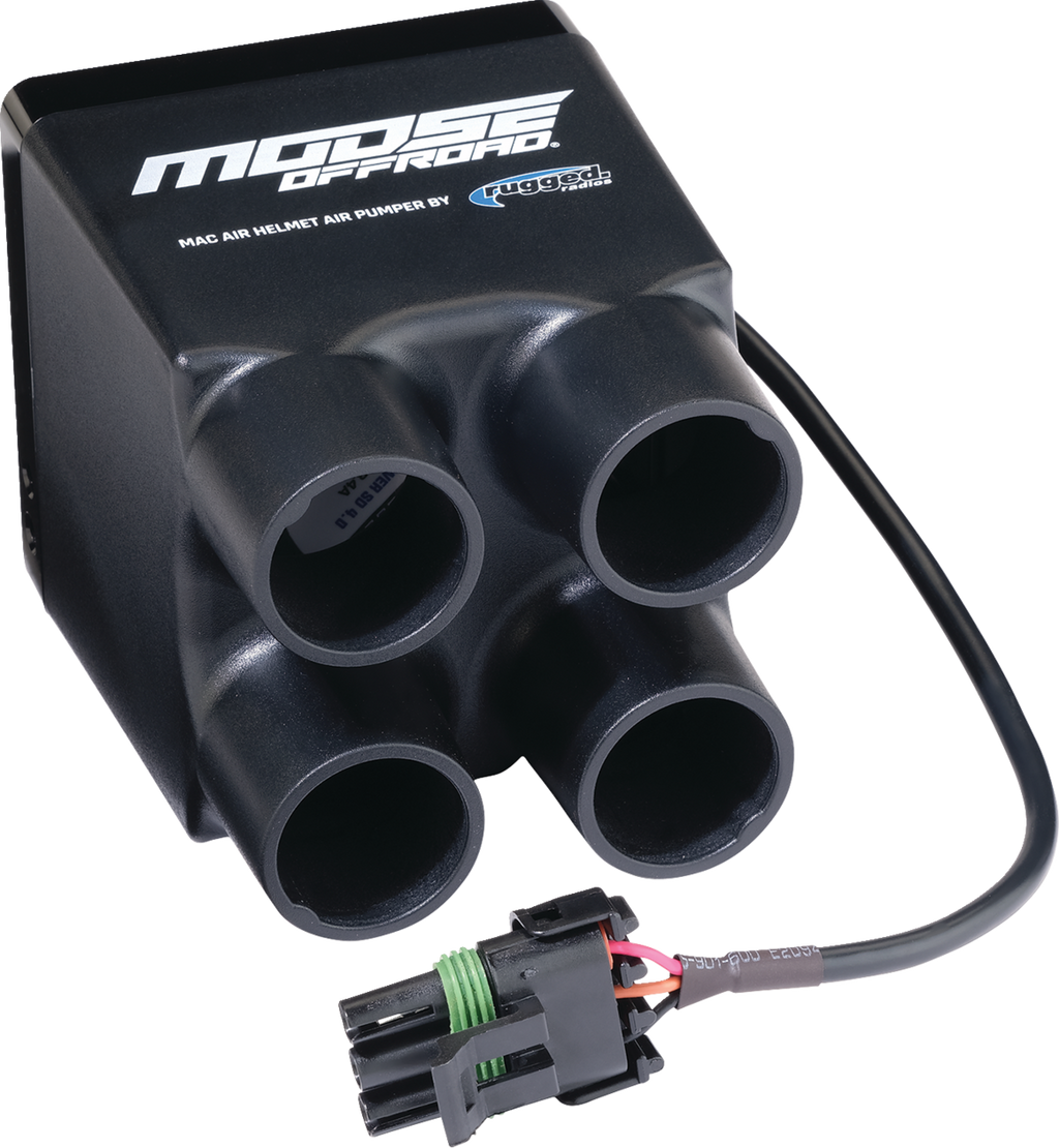 A black MAC air helmet air pumper device from Modsf Offroad with four cylindrical air outlets and an attached black power cable ending in a connector, set against a white background. The Modsf Offroad logo is printed in white on the device’s top surface.