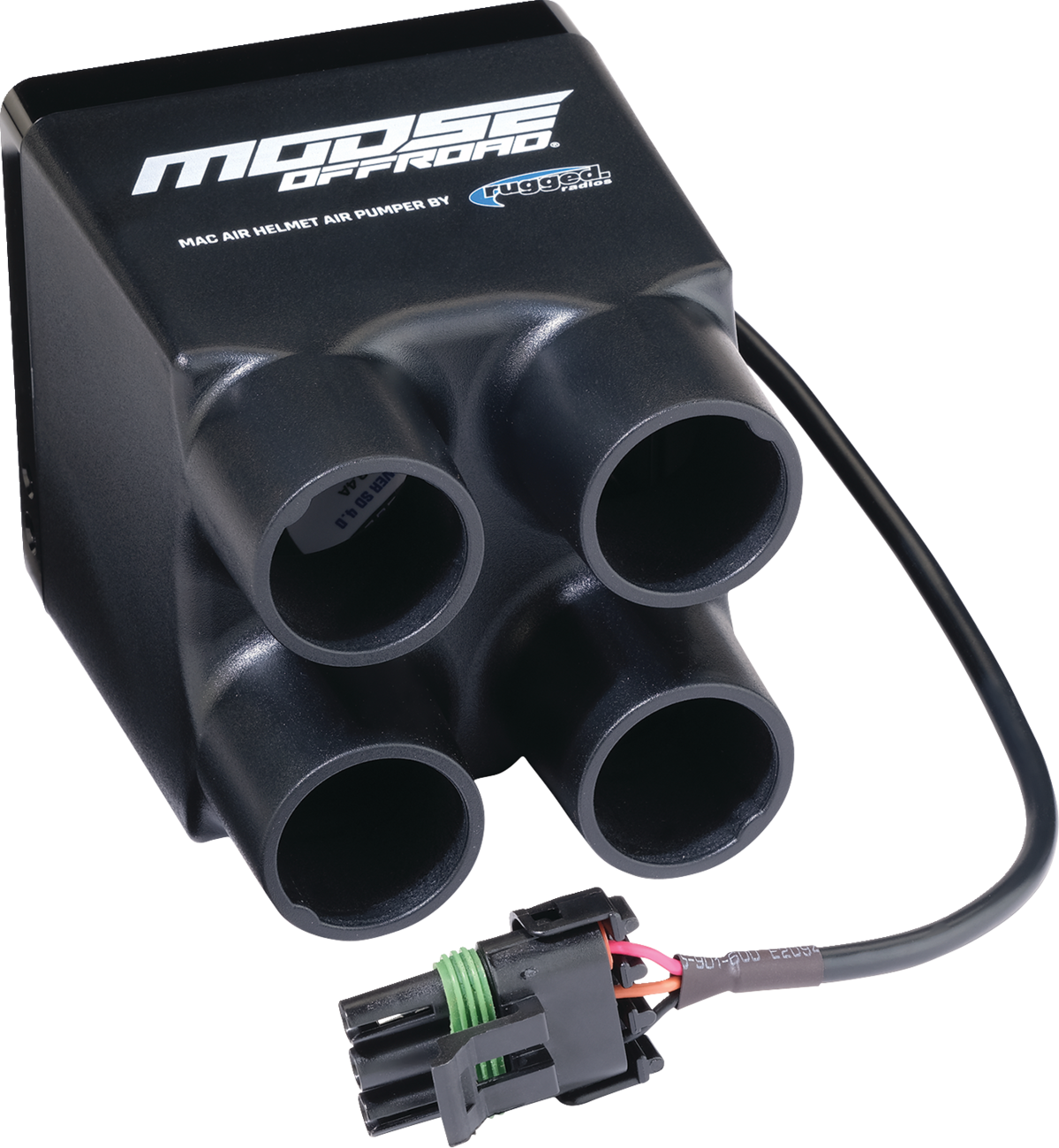 A black MAC air helmet air pumper device from Modsf Offroad with four cylindrical air outlets and an attached black power cable ending in a connector, set against a white background. The Modsf Offroad logo is printed in white on the device’s top surface.