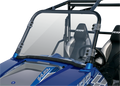 A close-up view of a blue off-road vehicle with a transparent windshield, black roll cage, and two black-and-gray bucket seats. The steering wheel and dashboard are visible, and RZR is printed on the seatbacks.