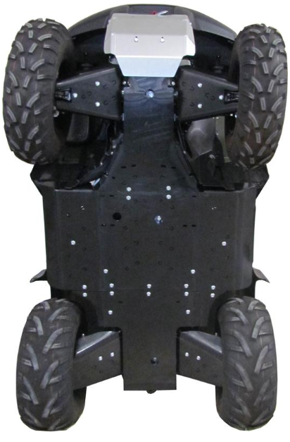 A Skid plate full set (plastic) for Suzuki 450/500/700/750 KingQuad (up to 2018) is shown from below, highlighting its durable black undercarriage, widely spaced rugged tires, visible wheel wells, and suspension components.