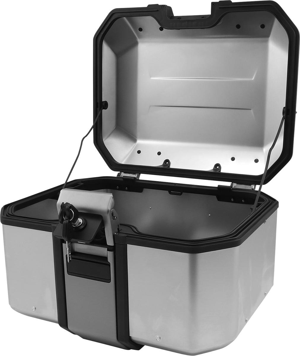A silver box with black trim.