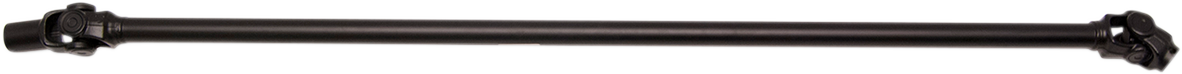 A black metal driveshaft with universal joints at both ends, shown on a white background. The driveshaft is cylindrical and designed for automotive use, transmitting rotational power between components.
