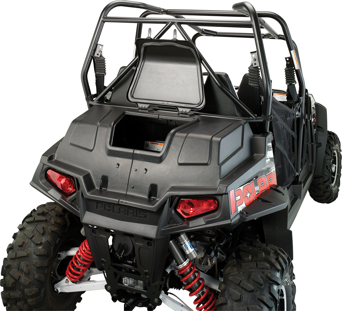Rear view of a black off-road Polaris vehicle with red suspension springs, rugged tires, a roll cage, and open cargo space. The Polaris logo is visible, and red taillights are illuminated. The setting is a plain, light background.