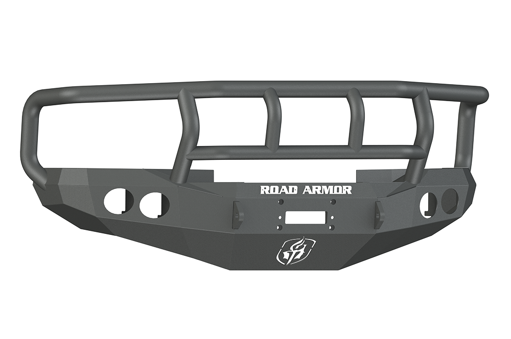 A textured black 1994-1996 Ram 1500 Stealth Front Winch Bumper with Titan II Guard features circular fog light cutouts, a rectangular winch mount for Warn M12000/Smittybilt XRC, and bold ROAD ARMOR text with logo at the bottom center.