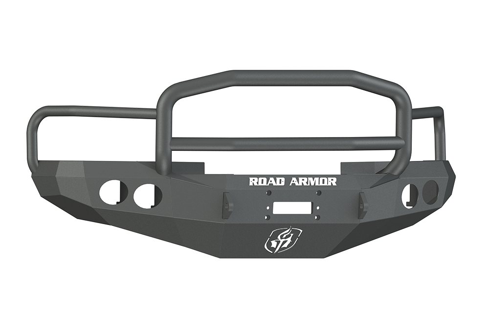 The 1997-2002 Ram 1500 Stealth Front Winch Bumper Lonestar Guard in texture black features angular edges, tubular guards, two large circular cutouts, a central white ROAD ARMOR logo, and fits Warn M12000 and Smittybilt XRC winches.