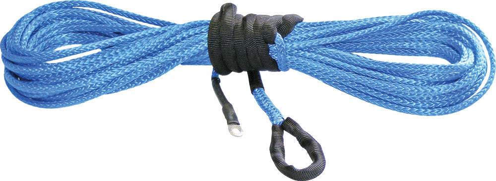 The Rope Kit Blue 1/4X50 4000-4500 Wide is a coiled blue synthetic rope with protective black sleeves, a metal loop at one end, and a reinforced small loop at the other, all neatly bundled and secured with black wrapping.