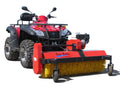 A red ATV with large tires features a front-mounted ATV/UTV Rotary Broom 6.5hp (Briggs & Stratton) attachment, equipped with a cylindrical yellow brush and two front support wheels for clearing debris from roads or sidewalks.
