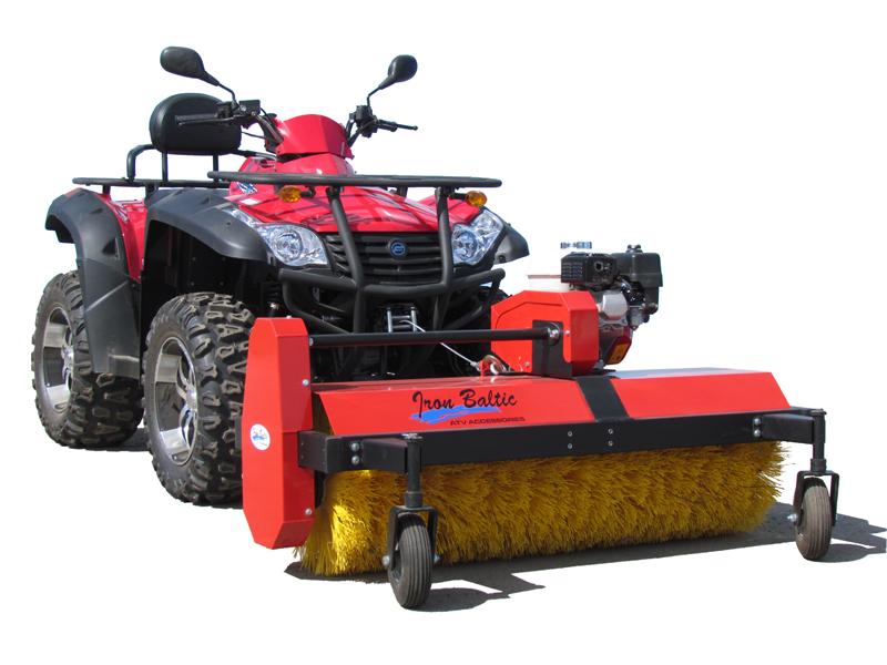 A red ATV with large tires features a front-mounted ATV/UTV Rotary Broom 6.5hp (Briggs & Stratton) attachment, equipped with a cylindrical yellow brush and two front support wheels for clearing debris from roads or sidewalks.
