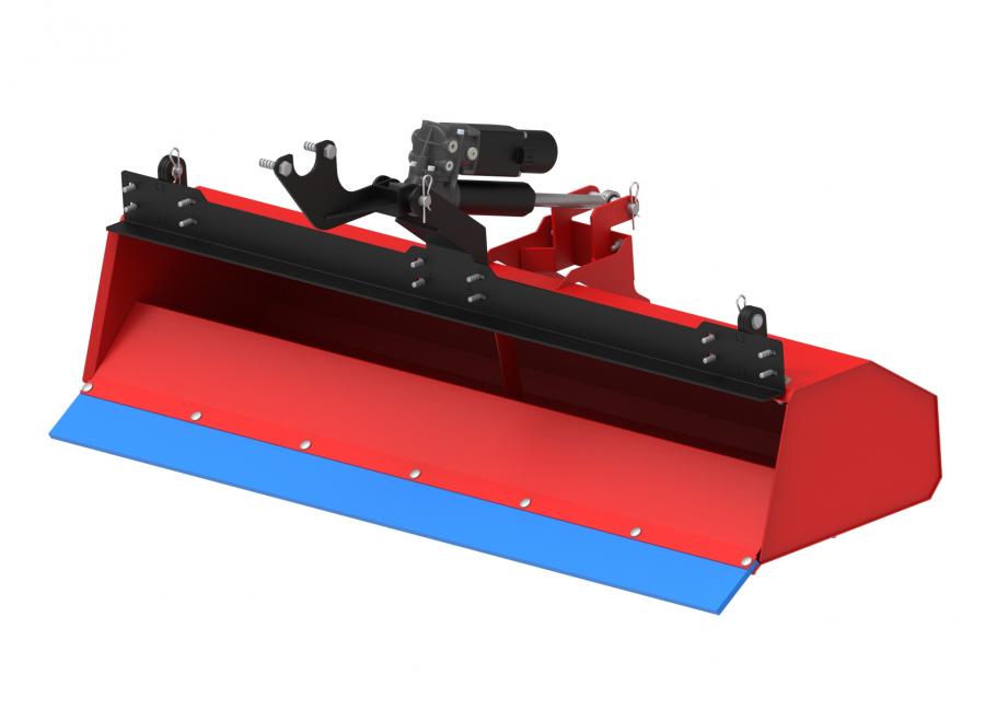 A 3D-rendered image of the Collector box for rotary broom shows a red attachment with a blue cutting edge, a black mounting frame, and hydraulic components on top for adjusting the blade angle, featuring an angular industrial design suitable for land grad