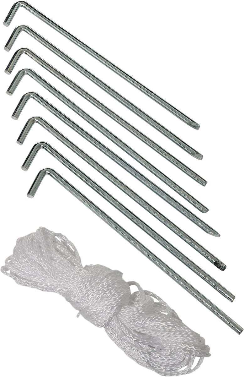 A bundle of white string and seven silver metal stakes with hooked tops are arranged on a white background. The stakes are parallel, and the string is coiled neatly below them.