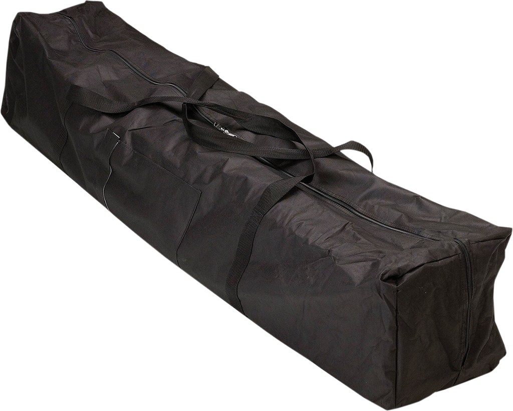 A large, rectangular black duffel bag made of fabric sits on a white background. It has two black carrying handles and a long zipper running along the top, with a stitched side pocket visible on one of its broader surfaces.