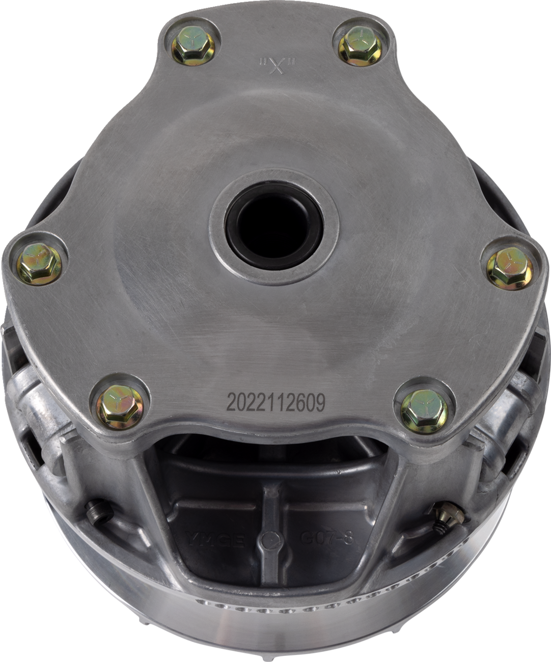 A close-up view of a round metallic mechanical component with a central circular hole, six bolts around the top edge, and engraved number 2022112609 on the surface. The part appears industrial, with a smooth finish and visible assembly features.