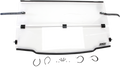 A clear, rectangular windshield panel with black mounting brackets and hardware attached on both sides, sitting above various small metal and rubber mounting components displayed in a row. The lower right corner features a Moose Utility Division logo.
