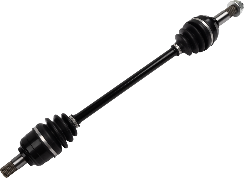 A black car axle shaft with rubber CV joint boots at both ends, silver metallic fittings, and a slim, cylindrical central shaft, set against a plain white background.