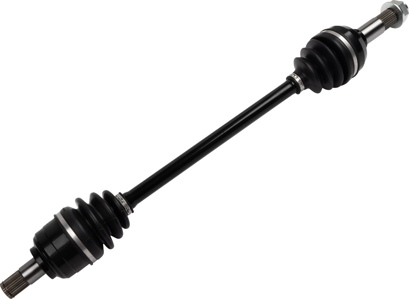 A black car axle shaft with rubber CV joint boots at both ends, silver metallic fittings, and a slim, cylindrical central shaft, set against a plain white background.