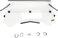 A clear, rectangular windshield with black mounting brackets and straps attached at the top corners. The lower edge is slightly angled with two black latches near each side. Below the windshield are various metal mounting hardware pieces arranged in a row