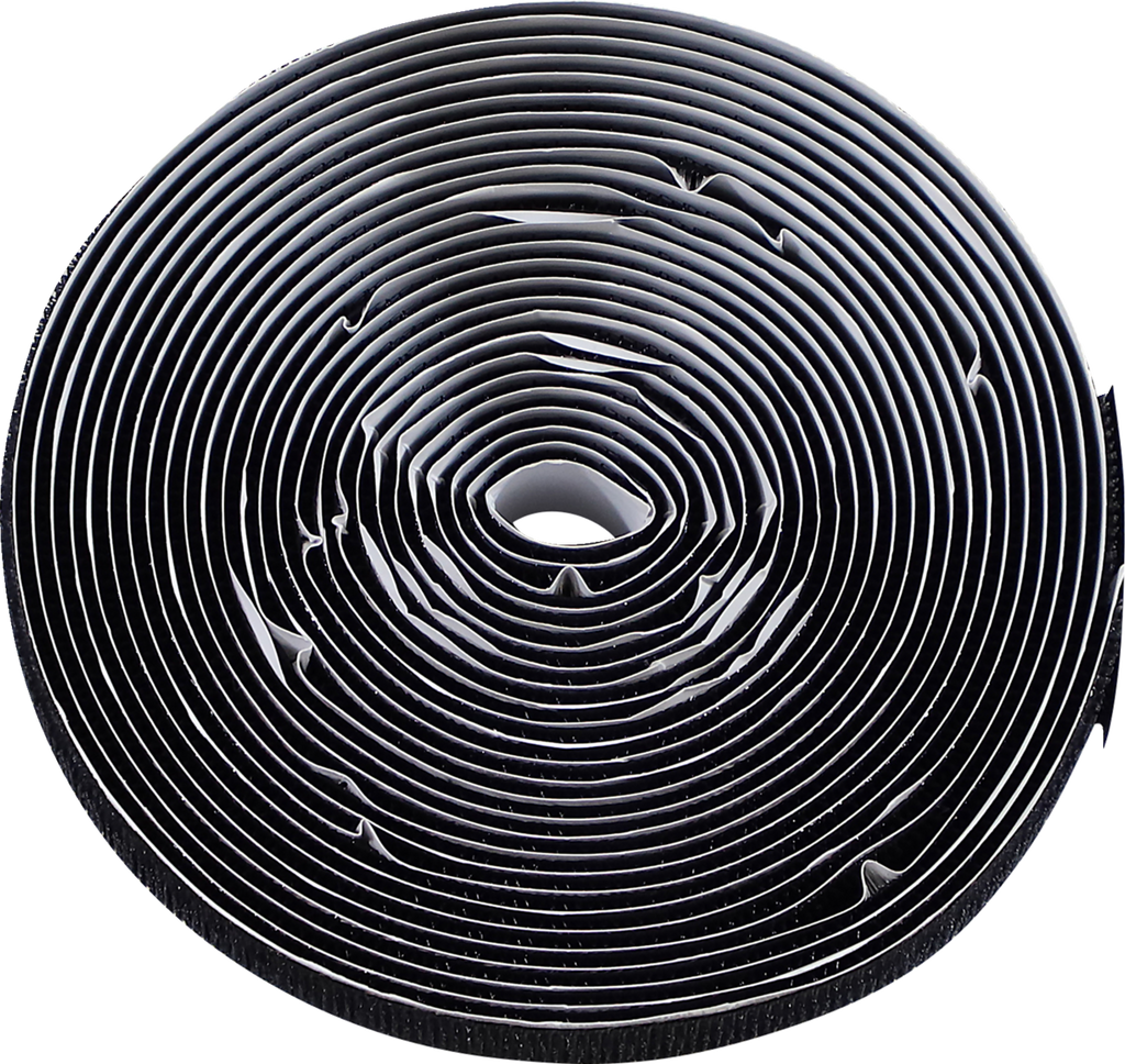 A close-up, top-down view of a tightly coiled roll of black adhesive tape, with concentric circular layers spiraling inward toward the center, forming a visually striking, symmetrical pattern. The inner core opening is visible at the center.