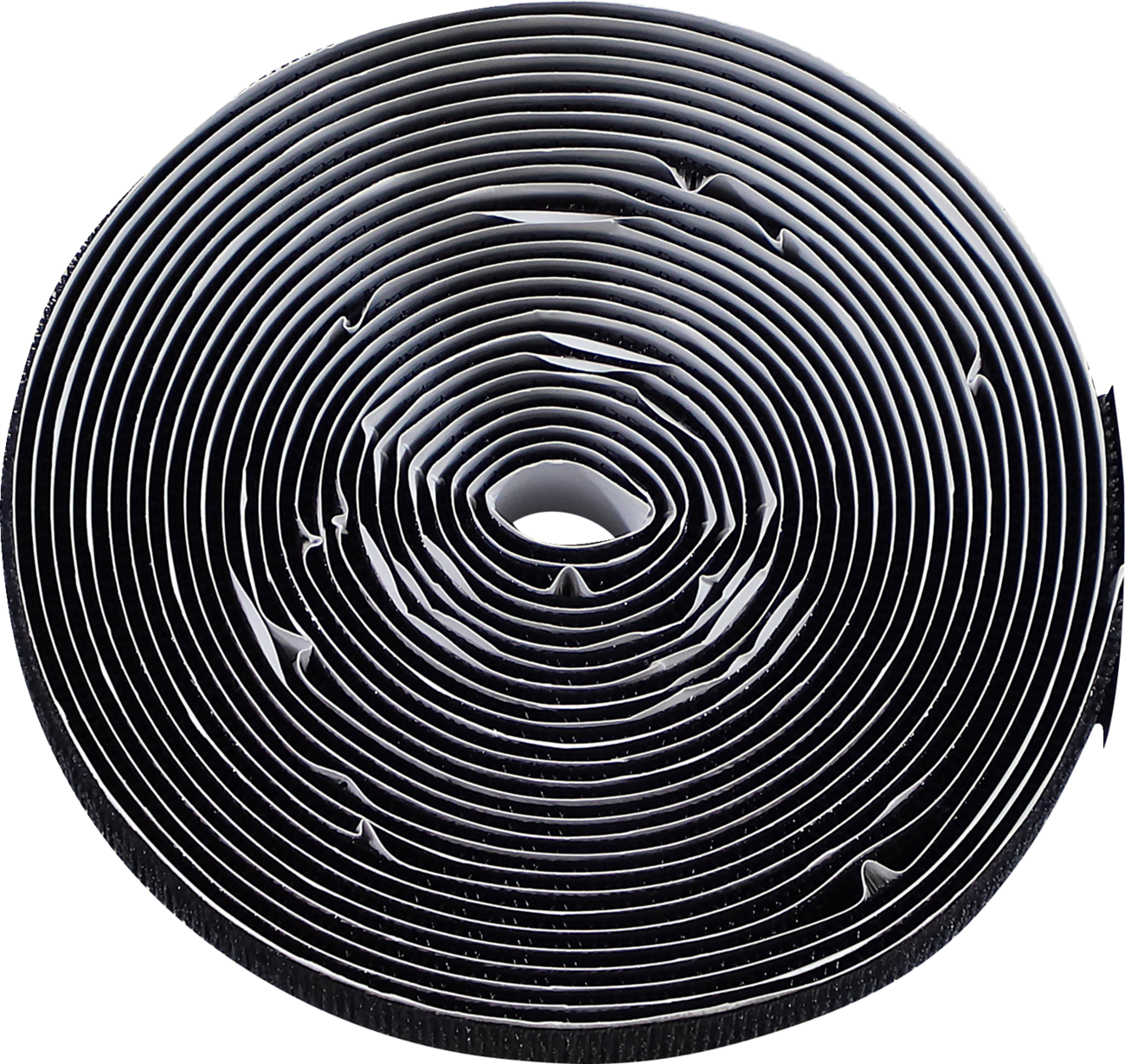 A close-up, top-down view of a tightly coiled roll of black adhesive tape, with concentric circular layers spiraling inward toward the center, forming a visually striking, symmetrical pattern. The inner core opening is visible at the center.