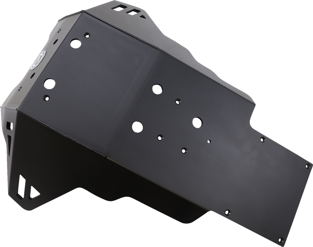A matte black metal skid plate with multiple circular cutouts and angular edges, designed for vehicle undercarriage protection. The part has a sloped, contoured structure with ventilation slots and mounting holes, photographed on a white background.