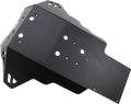 A matte black metal skid plate with multiple circular cutouts and angular edges, designed for vehicle undercarriage protection. The part has a sloped, contoured structure with ventilation slots and mounting holes, photographed on a white background.