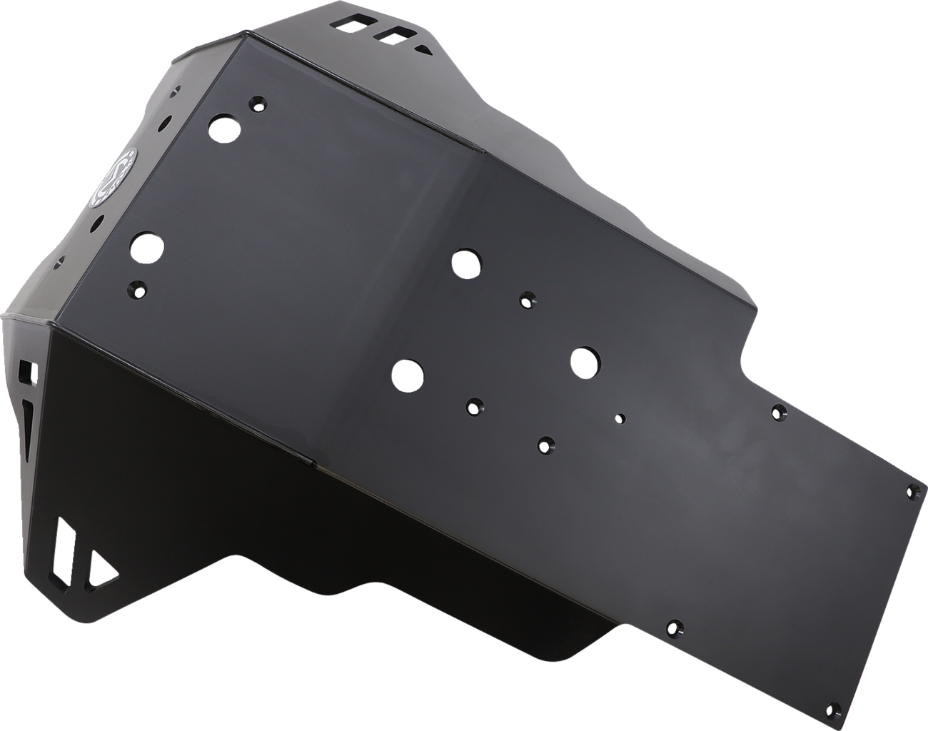 A matte black metal skid plate with multiple circular cutouts and angular edges, designed for vehicle undercarriage protection. The part has a sloped, contoured structure with ventilation slots and mounting holes, photographed on a white background.