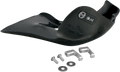 A black carbon fiber motorcycle skid plate with a visible MG B-line logo, accompanied by two metal brackets, two bolts, and two washers, all placed on a white background.
