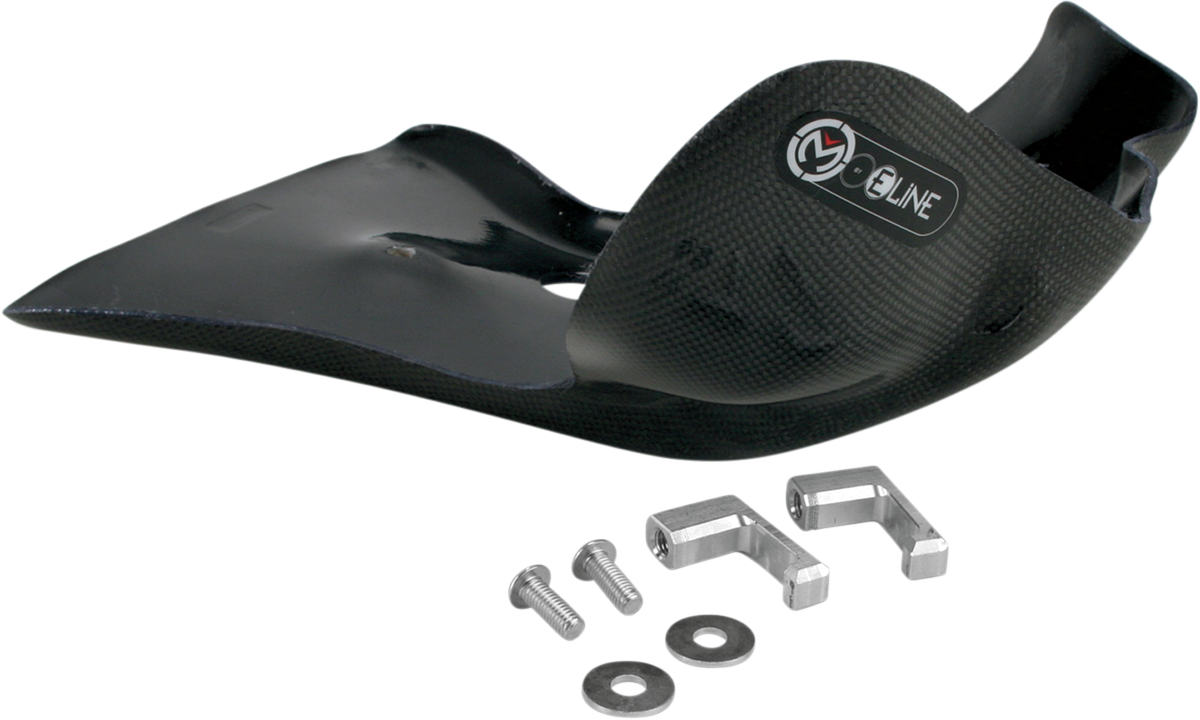 A black carbon fiber motorcycle skid plate with a visible MG B-line logo, accompanied by two metal brackets, two bolts, and two washers, all placed on a white background.
